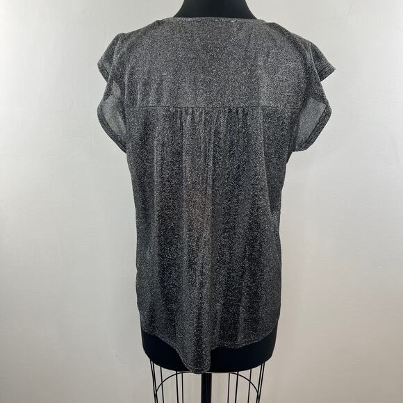 SAVANNA JANE Black Embroidered Top Rose Sparkle Flutter Sleeve Split Neck Size L - Picture 6 of 8